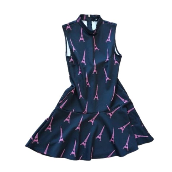 Pink Black Eiffel Tower Print Dress Size Medium - Picture 1 of 4